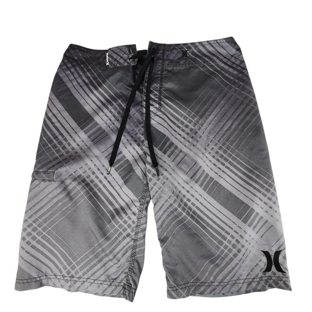 Hurley Board Short sz 30 Men Gray Abstract Plaid Swim Surfer Skater Beach Preppy